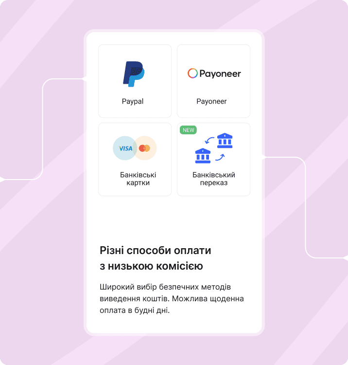 Екран варіантів оплати в Collaborator із PayPal, Payoneer, банківськими картками та банківським переказом із низькими комісіями